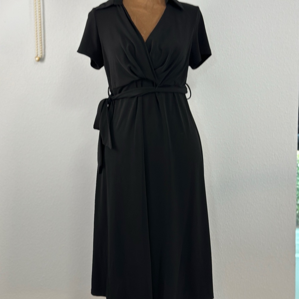 Motherhood Maternity Black Wrap Midi Dress Small‎ Short Sleeve Tie Waist